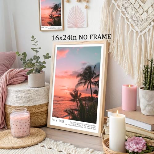 Pink Palm Tree Wall Art Trendy Summer Prints Landscape Coastal Painting Pink Sky Poster Sunrise Sunset Picture Beach Scenery Poster Coconut Tree Painting Tropical Plant Artwork Room 16x24in Frameless - color: C6Unframed