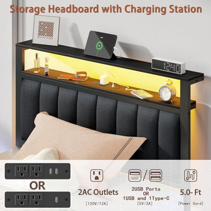 Twin Bed Frames with Storage Drawers and Upholstered Headboard | Metal Platform Bed with Charging Station, LED Lights, 2 Tier Shelves, Fabric Drawers. No Box Spring Needed, Noise Free, Grey - size: Twin