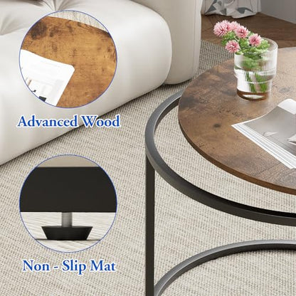 aboxoo Coffee Table Nesting Round Table Set of 2 Side Table with Sturdy Metal Frame for Living Room Bedroom Apartment Modern Industrial Simple Nightstand,Rustic Brown - color: Rustic Brown