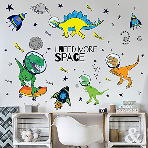 Yovkky Boys Space Dinosaurs Astronauts Wall Decal, Peel Stick Funny Dino | Animal Planet Sticker Nursery Rocket Spaceship Decor, Home Baby Room Decorations Kids Bedroom Playroom Art Party Supply Gifts - color: Space Dinosaur