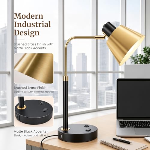 Desk Lamp with USB-C, USB-A and AC Outlet, Adjustable E26 Table Lamp for Home Office and Bedside Reading, Matte Black and Brushed Brass-Look, Bulb Not Included