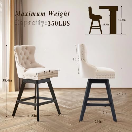 Kitchen Swivel Bar Stools with Solid Wood Legs Upholstered Counter Stools Set of 2, Beige - color: Beige-swivel, size: Set of 2