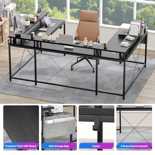 GarveeHome U Shaped Desk with Power Outlets & LED Lights, 79 in Reversible L Shaped Desk, Corner Computer Desk Office Desk with Full Monitor Stand, Black