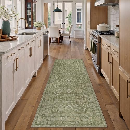 2x6 Green Neutral Runner Rug | Washable, Non Slip, Low Pile, Soft, Vintage, Floral, Distressed Farmhouse, for Hallway Entryway Kitchen Bathroom Laundry Room - color: Green, size: 2' x 6' (Runner)