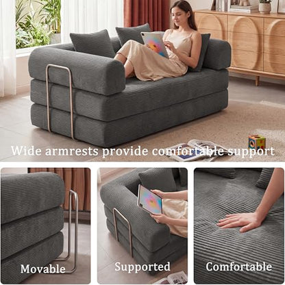 53.15" Boneless Couch,4-in-1 Futon Sofa Bed Modular Loveseat Sleeper Folding Compressed Couch with Pillows,No Assembly Required Convertible Sofa Bed for Living Room Bedroom Guest Room,Grey - color: Grey, size: 53.15" Loveseat Sofa