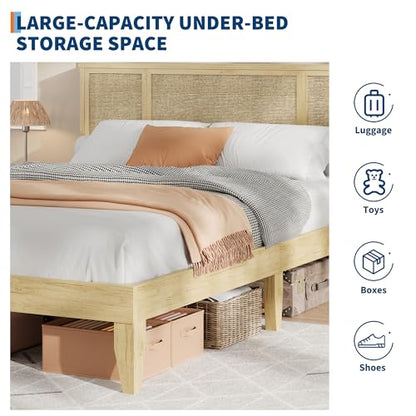 GarveeHome Full Bed Frame with Natural Rattan Headboard, Sturdy Metal Base with Durable Wooden Slats, Boho-Style Cane Mattress Support, No Box Spring Needed