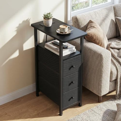 Narrow End Table with Charging Station, Small Nightstand | Skinny Side Tables Living Room with 3 Fabric Drawers, Slim Bedside Table for Bedroom, Small Spaces, Couch, Black - color: Black, size: 27.55''H (3 Drawers), style: Power