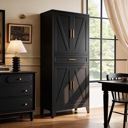71" H Metal Kitchen Pantry Cabinet with Drawers,Black Kitchen Storage Cabinets with Doors,Tall Pantry Food Storage Cabinets,Large Freestanding Cabinets for Dining Room, Living Room - color: Black, size: 71"H-1Drawer-4Doors