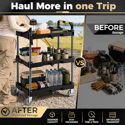 KINGRACK 3 Tier Rolling Folding Utility Cart with Wheel for Garage Workshop | Folding Utility Cart,200LBS Capacity with Fixed Rope,Ergonomic Textured Grip Handle