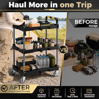 KINGRACK 3 Tier Rolling Folding Utility Cart with Wheel for Garage Workshop | Folding Utility Cart,200LBS Capacity with Fixed Rope,Ergonomic Textured Grip Handle