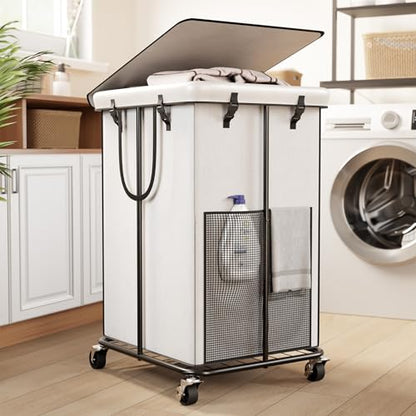 40 Gal Large Laundry Hamper with Lid, Rolling Laundry Basket with Wheels | Oxford Fabric Dirty Clothes Hampers with Removable Laundry Bag & Metal Frame for Bedroom, Laundry Room, Bathroom, Dorm(White) - color: White-2