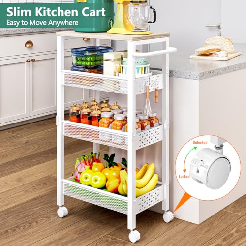 Vivihomety 4-Tier Laundry Utility Rolling Cart with Wheels, Kitchen & Bath | Narrow 8.1" wide, lockable wheels, wood top panel, metal frame, for laundry room, small spaces, pantry, tight gaps, White - color: White, size: 8.1 inch wide