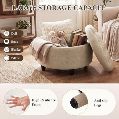 COLAMY Round Hidden Storage Ottoman with Reversible Tray Lid – Multi-Functional Footrest, Sturdy & Stylish Fabric Coffee Table for Living Room, Bedroom, or Entryway, Camel - color: Camel