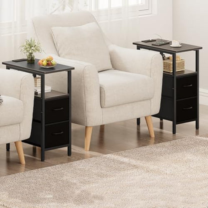 Set of 2 Black Nightstand with Charging Station and LED Lights, Narrow Side Table, LED Night Stand with 2 Fabric Drawers, Bedside Table Small End Table, Tall Nightstand for Bedroom, Black - color: Black, size: 2, style: With LEDs