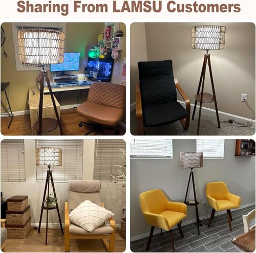 Tripod Floor Lamp with Shelves, Mid Century Wood Standing Lamp with Rattan & Fabric Shades, ON/Off Foot Switch, Modern Farmhouse Tall Floor Lamps for Living Room Bedroom Office