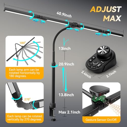 Adjustable LED Desk Lamp with Clamp, 4-Head Eye-Caring CRI95+ Desk Light, Stepless Dimming & Color Temp Remote Control, Flexible Neck, 5-Mode for Reading, Computer, Crafting, 90" Wide Desk Coverage - color: Black