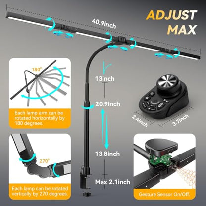 Adjustable LED Desk Lamp with Clamp, 4-Head Eye-Caring CRI95+ Desk Light, Stepless Dimming & Color Temp Remote Control, Flexible Neck, 5-Mode for Reading, Computer, Crafting, 90" Wide Desk Coverage - color: Black