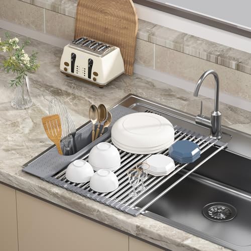 Roll Up Dish Drying Rack Over Sink, 17.5" x 15.2" Foldable SUS304 Stainless Steel Kitchen Dish Drainer, Heat-Resistant Multipurpose Rolling Sink Rack Organizer,Grey - size: Grey（17.5" X 15.2"）