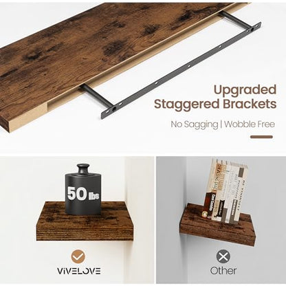 Vivelove Floating Shelves 9 inch Deep 36”Long Set of 2, Rustic Brown | Easy Install With Hardware, 1.5" Thick, Invisible Brackets, Wall Mounted, No Sagging, For Any Room - color: Rustic Brown, size: 36”wx9.3”dx1.5”h