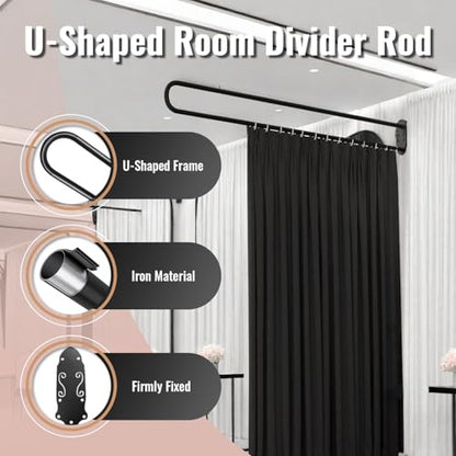 U-Shape Room Divide with Metal Support Rod, 6.56ft,Black | Curtain for Beauty Salon,Wall Mounted Privacy Partition Curtains for Fitting Room, SPA, Bedroom, Room Divider,Hospital - color: Black