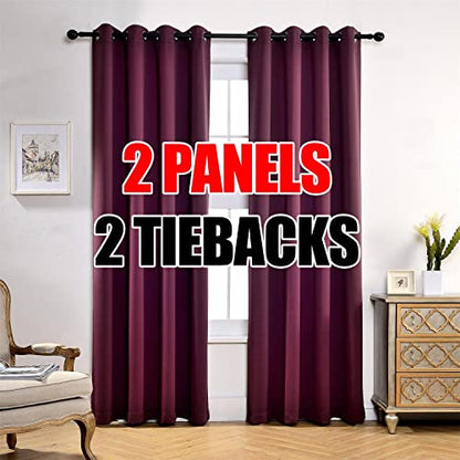 Room Darkening Grommet Thermal Insulated Blackout Window Curtains Panels for Bedroom Set of 2 52x95 Inch Aubergine, Bonus 2 Tie Backs Included - color: Aubergine, size: 52"W x 95"L (Pack of 2)