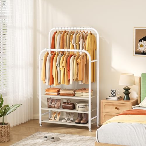 HOMIDEC Clothes Rack,Double Rods Clothing Rack with 3 Tier Shelve&Wheels | Metal Garment Rack Multifunctional Closet Organizers and Storage System for Bedroom,Wardrobe Closet,Shop,White - color: White