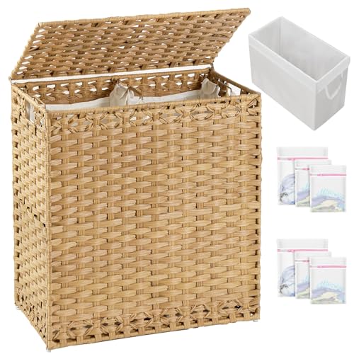 SETVSON Laundry Hamper with Lid Wicker Laundry Basket 112L, Natural | Large Family Clothes Sorter Trunk with Lid, 3 Compartment Washable Liners, 6 Mesh Bags, Collapsible Steel Frame - color: Natural, size: 29.6 Gal