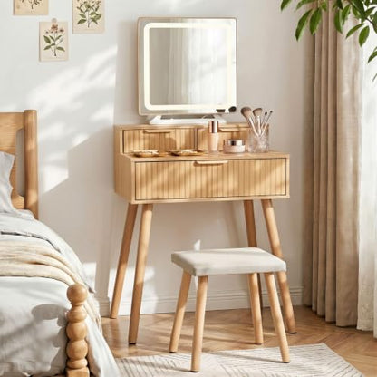Small Vanity Desk with Lights Mirror, Compact Makeup Vanity Table with Stool, Fluted Wood Vanity with Power Outlet, 3 Color Adjustable LED, Large Drawers, Modern Dressing Table for Bedroom