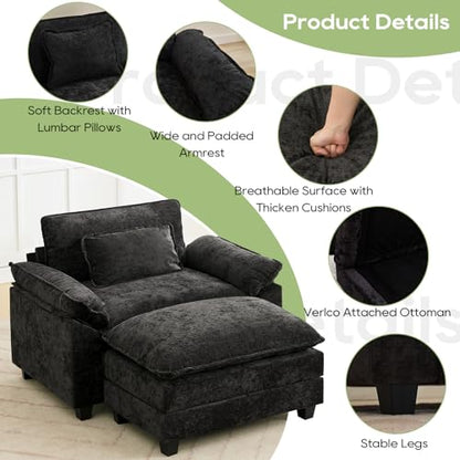 53" Modular Sectional Sofa, Comfy Deep Cloud Couch with Ottoman | Couches for Living Room, Sofa Bed, Modular Couch, Deep and Wide Seat, Chenille Sofa Sleeper with Throw Pillows, Black - color: Black, size: 53 Inch 2