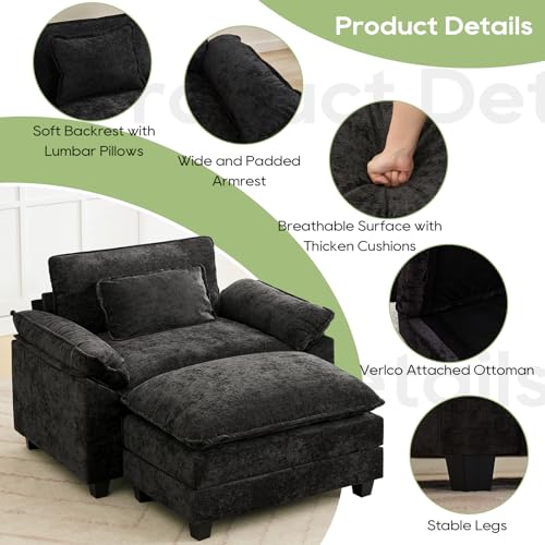 53" Modular Sectional Sofa, Comfy Deep Cloud Couch with Ottoman | Couches for Living Room, Sofa Bed, Modular Couch, Deep and Wide Seat, Chenille Sofa Sleeper with Throw Pillows, Black - color: Black, size: 53 Inch 2