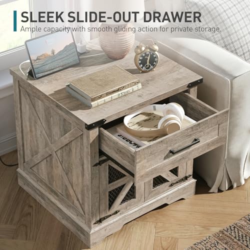Farmhouse End Table with Charging Station, 24" Large Sofa Side Table with Drawer, Large End Table for Living Room, Wooden Nightstand with Outlet, Square, Greige - color: Greige