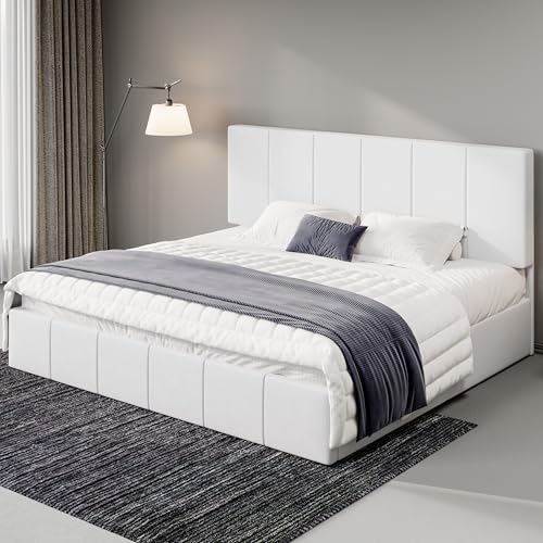 Allewie King Size Dutch Velvet Upholstered Platform Bed Frame/Vertical Channel Tufted Adjustable Headboard/Low Profile Bed Frame/No Box Spring Needed/Easy Assembly/White - color: White, size: King
