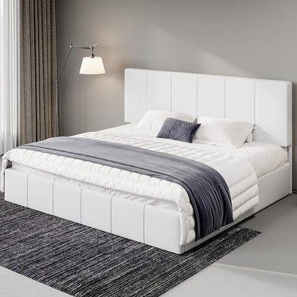 Allewie King Size Dutch Velvet Upholstered Platform Bed Frame/Vertical Channel Tufted Adjustable Headboard/Low Profile Bed Frame/No Box Spring Needed/Easy Assembly/White - color: White, size: King