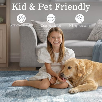 DCX Washable Abstract Area Rug 5x7, Non Slip Low Pile Rug, Blue | Easy to clean, non-shedding, soft, kid & pet friendly, with a non-slip rubber backing for living rooms, bedrooms, and offices - color: Blue, size: 5' x 7' (Rectangular)