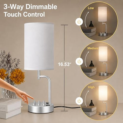 Dreamholder Touch Control USB Table Lamp with USB C/A & AC Outlet, 3-Way Dimmable Bedside Lamp, Modern Nightstand Lamps for Bedroom Living Room Guest Room Office, Bulb Included, Silver - color: Silver
