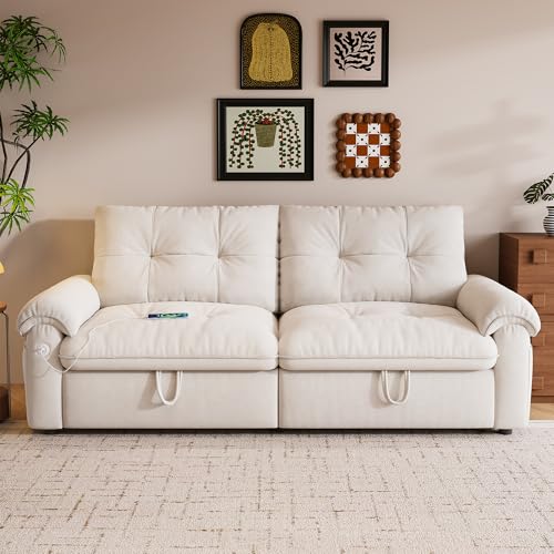 77" Sleeper Sofa Bed, Convertible Pull Out Couch with Velvet Fabric, 3-in-1 Loveseat L Shaped Couch Bed with Adjustable Backrest, Side Pocket & USB Ports for Living Room Apartment, White - color: Beige, style: Sofa Bed w/USB