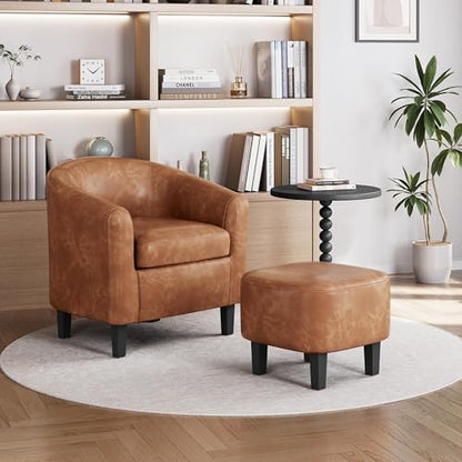 Yaheetech Accent Chairs with Ottoman Set of 2, Faux Leather, Brown | Water-resistant Faux Leather Chairs with High-density Foam and Solid Wood Legs for Living Room, Waiting Room, Small Space - color: Brown(faux Leather), style: with Ottoman