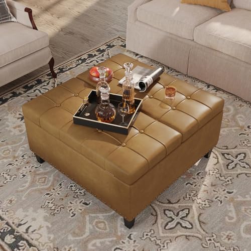 FiveWillowise 31.5 Inch Large Square Ottoman with Storage,Faux Leather | Coffee Table Storage Ottoman Bench with Lift Top Upholstered Footrest Stool Toy Box for Bedroom Living Room,Camel - color: Camle