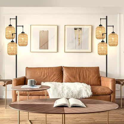 QIYIZM Floor Lamp for Living Room,Bedroom,Boho Rattan Tree 3 Lights Farmhouse Floor Lights,Industrial Black Standing Lamp Wicker Rustic Tall Lamp,Woven Bamboo LampShade Floor Lamps Bohemian - size: Floor Lamp--17