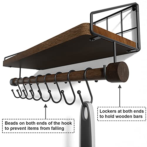 Alsonerbay Floating Shelf Coffee Bar Shelf with Towel Bar, Dark Brown | 8 removable hooks, solid wood, space-saving, holds cooking utensils & mugs, easy installation, kitchen & bathroom use - color: Dark Brown