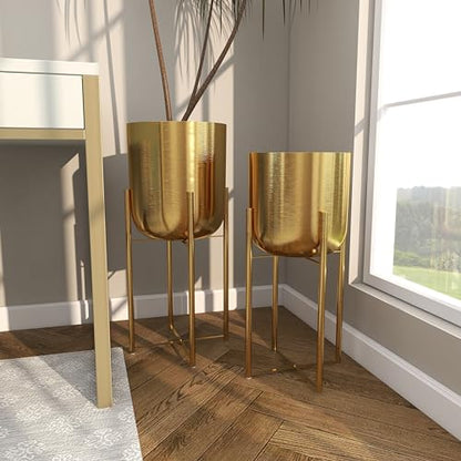 CosmoLiving by Cosmopolitan Metal Dome Planters, Set of 2, 19", 22"H, Gold | Large planter pots with removable plant stand indoor outdoor use, not watertight