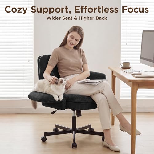 FiveWillowise Cross Legged Office Chair with Flip-up Arms&Low Back,Black | Criss Cross Chair With Thicken Wide Seat,Lounge Makeup Vanity Chairs with Side Pockets,Comfy Home Office Desk Chair,Chenille - color: Black