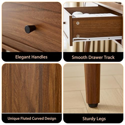 59" Wood Writing Desk, Laptop Desk with Drawer, Vanity Table Study Desk | Mid-Century Writing Desk, Walnut Laptop Desk with 2 Flip Storage and Drawers, 150 CM Elegant Fluted Desk for Office, Bedroom - color: Walnut-59 Inch