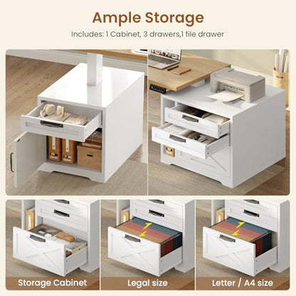 SEDETA Farmhouse L Shaped Standing Desk, 70.1" x 73.2" Height Adjustable Home Office Executive Desk with Drawers, Power Outlet, Monitor Stand, Sit Stand Table with Led Lights for Home Office, Oak - color: Oak