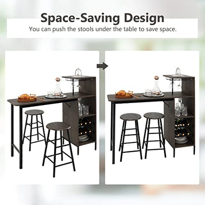 GOFLAME Bar Table Set for 2, Counter Height Dining Table Set with Shelves, Cup Holder & Wine Rack, Breakfast Table & Stools Set, 3-Piece Pub Table Set for Kitchen, Dining Room, Brown - color: Brown