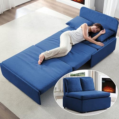 BALUS 43" W Twin Size Sleeper Couch Bed Pull Out Sofa with Pullout Beds, 2 in 1 Convertible Linen Single Sleepers Sofas Chair with Foldable Mattress and Pillows for Small Space Apartment, Blue - color: Blue, size: Twin