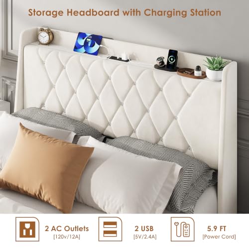 Garvee Full Size Bed Frame with Storage, Velvet Upholstered Platform Bed Frame with Crystal Tufted Headboard, Charging Station, 2 Drawers, No Box Spring Needed, Noise-Free,for Bedroom, Ivory | Velvet Upholstered Platform Bed Frame with Crystal Tufted Head