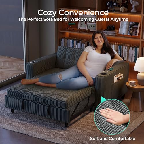 LINSY 54" Pull Out Couch with Charging Station - Sleeper Sofa Bed with Cup Holder, Small 3 in 1 Convertible Loveseat Sleeper Couch for Apartment, Dorm Room, Bedroom and Small Space, Dark Gray - color: Charcoal