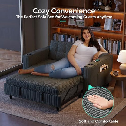 LINSY 54" Pull Out Couch with Charging Station - Sleeper Sofa Bed with Cup Holder, Small 3 in 1 Convertible Loveseat Sleeper Couch for Apartment, Dorm Room, Bedroom and Small Space, Dark Gray - color: Charcoal