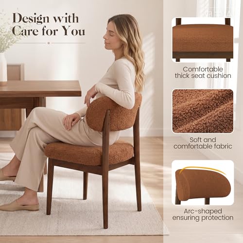 Wooden Dining Room Chairs Set of 2, Modern Upholstered Teddy Fabric Kitchen Chairs with Ergonomic Curved Back, Farmhouse Dining Side Chair with Solid Wood Frame for Kitchen Room, Brown - color: Brown